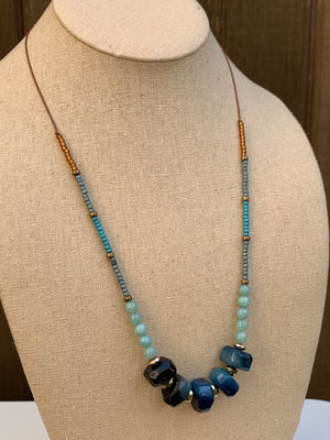 Waxed cord necklace - Deep Blue Faceted Agates