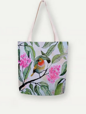 Art Tote - Bird on a branch with magenta flowers