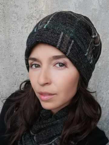 Slouchy Adjustable Winter Hat - Grey and Green Plaid