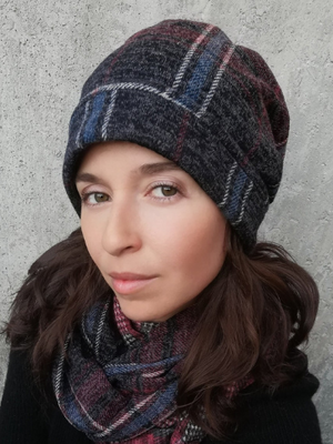 Slouchy Adjustable Winter Hat - Grey and Blue Plaid