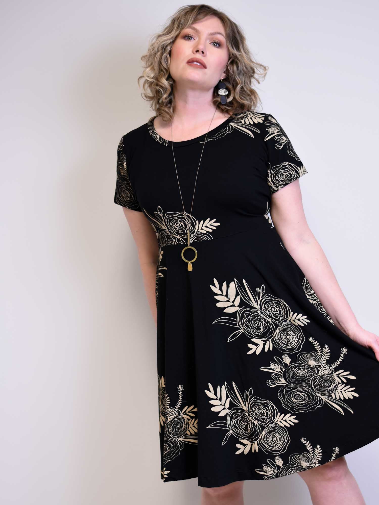 Friday Dress - Black with Mustard Floral